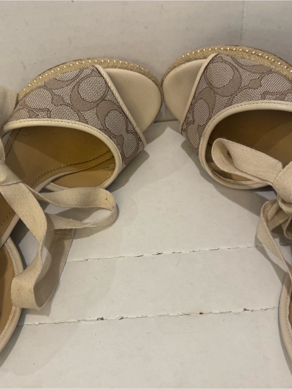 Coach Beige Canvas Logo Espadrille Sandals with Tie Ankle - Picture 6 of 14